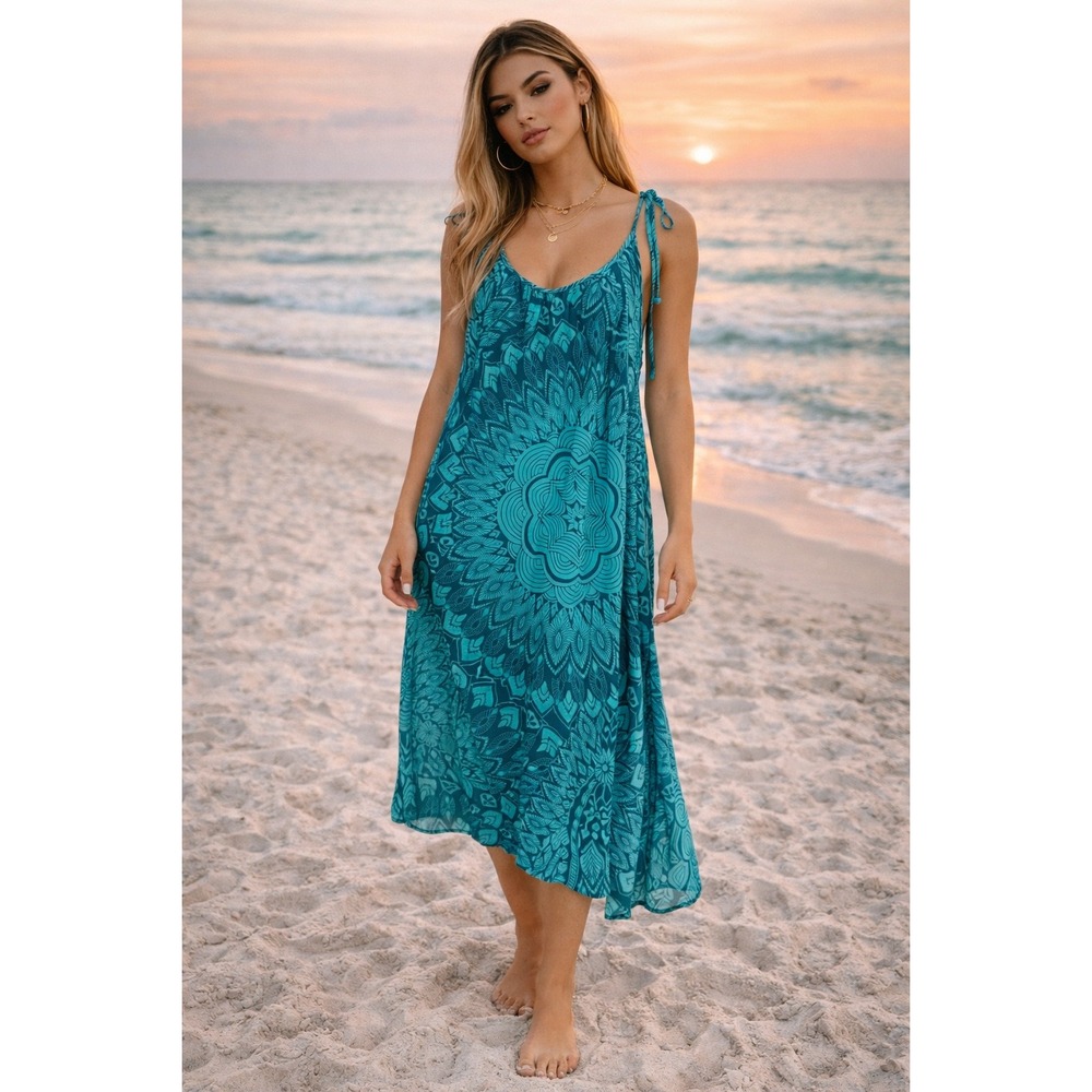 LASCANA Beachy Boho Chic Teal Blue Mandala Print Shoulder Tie Sundress Size 12